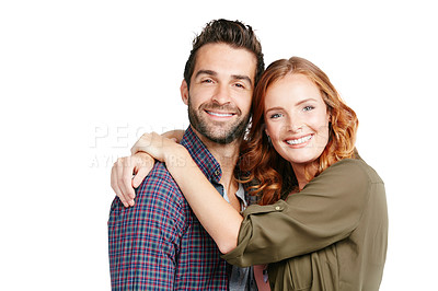 Buy stock photo Shot of a couple posing against a white background