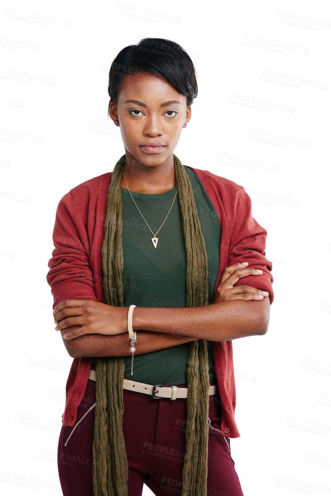 Buy stock photo Black woman, portrait or arms crossed on isolated white background, marketing space or advertising mock up. Fashion model, confident or empowerment in cool, trendy or style clothes on mockup backdrop