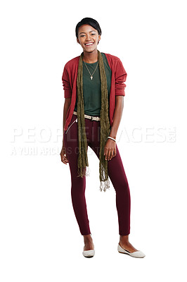 Buy stock photo Black woman, fashion and portrait of a model with cool hipster style and isolated white background. Happy, smile and african person alone standing and feeling female empowerment from stylish clothes 