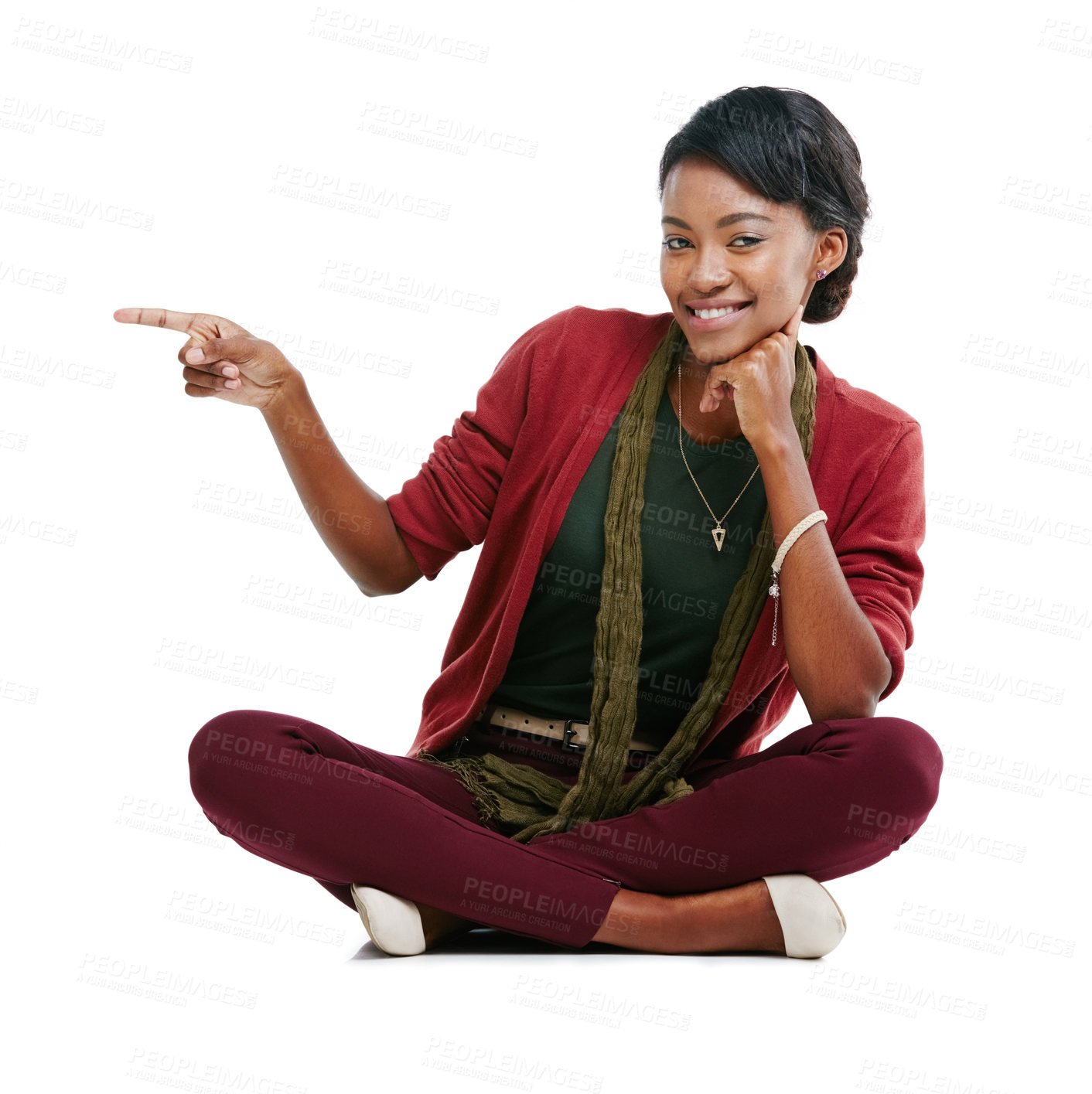 Buy stock photo Black woman, smile portrait and pointing finger, relax sitting isolated in white background for advertising mockup. African girl, happy and point for marketing, product placement or idea vision 