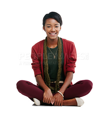 Buy stock photo Black woman, portrait and sitting on floor of isolated white background in trendy, cool or stylish clothes on mockup. Smile, happy and fashion model on ground, mock up backdrop or studio relax brand