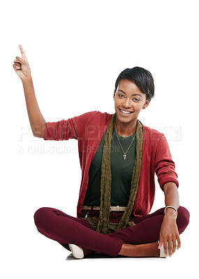 Buy stock photo Black woman, portrait and pointing at promotion mockup, isolated marketing space or advertising mock up. Smile, happy model and showing hands gesture for cool fashion sales on white background mockup