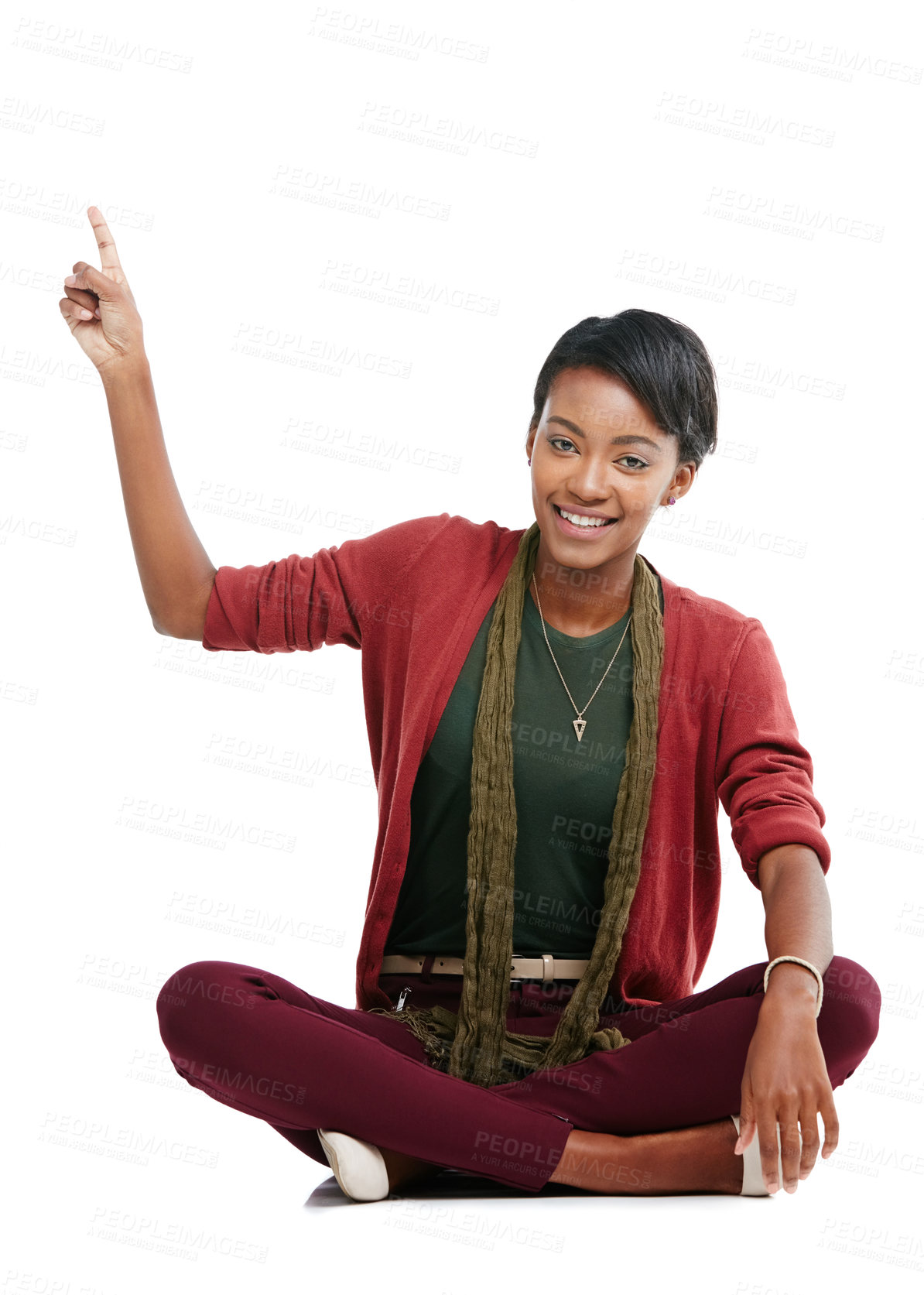 Buy stock photo Black woman, portrait and pointing at promotion mockup, isolated marketing space or advertising mock up. Smile, happy model and showing hands gesture for cool fashion sales on white background mockup