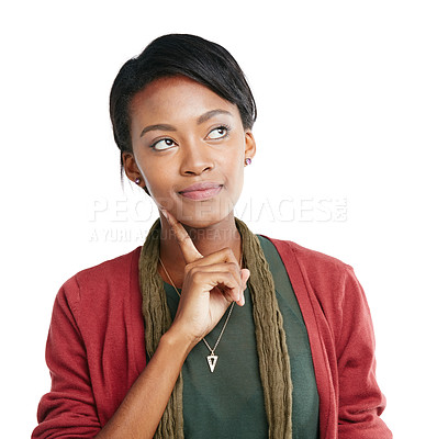Buy stock photo Planning, black woman and thinking in studio for strategy, creative and empowerment on white background. Mindset, girl and design contemplation by casual designer brainstorm idea, goal and isolated