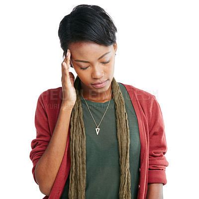 Buy stock photo Black woman, hand or stress headache on isolated white background in mental health, anxiety or thinking burnout. Tired model, mistake or migraine pain on studio mockup backdrop or depression mock up 