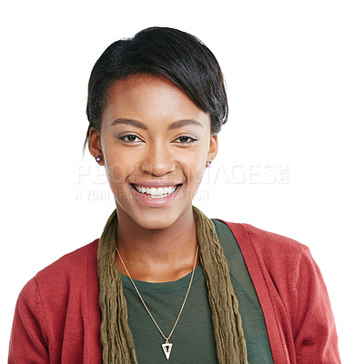 Buy stock photo Happy black woman, portrait of fashion clothes on promotion mockup, isolated marketing space or advertising mock up. Smile, model and face with makeup cosmetics, hair style or white background mockup