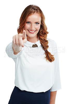 Buy stock photo Businesswoman pointing finger for UI in studio, isolated portrait on a white background and natural smile. Ginger person posing for professional profile picture, hand gesture and elegant fashion pose