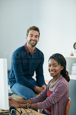 Buy stock photo Portrait of colleagues working together in an office