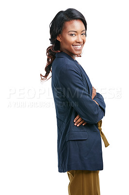 Buy stock photo Portrait, corporate and black woman with arms crossed, leadership and confident girl isolated on white studio background. African American female, entrepreneur or business owner with smile or success
