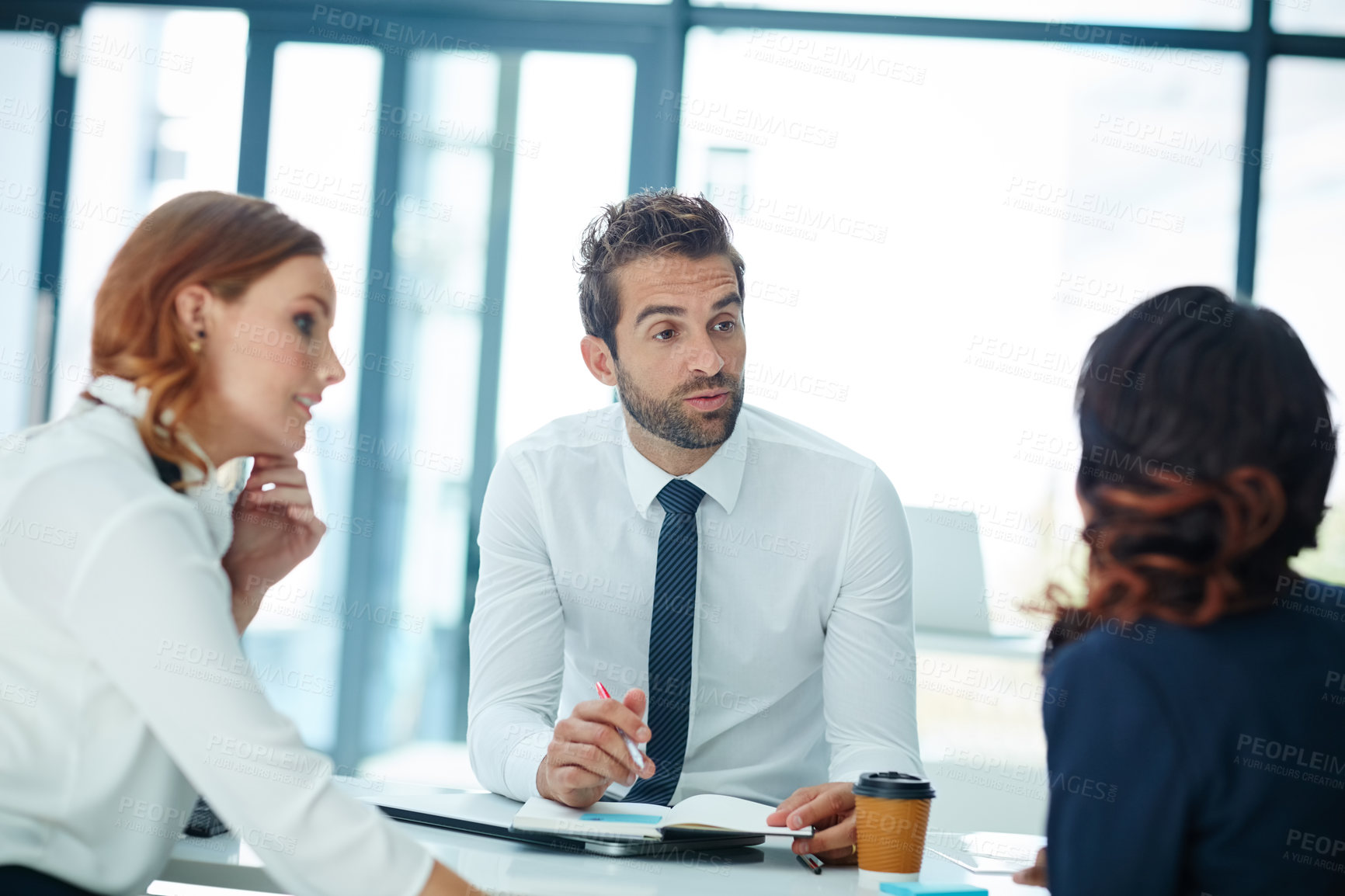 Buy stock photo Business people, meeting and talking in office with finance report, budget proposal and collaboration. Team, conversation and review in workplace with financial planning, accounting and audit update.