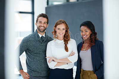 Buy stock photo Portrait of businesspeople standing together in an office