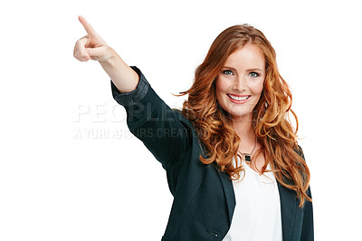 Buy stock photo Studio portrait, pointing and woman show marketing, advertising or promotion space isolated on white background. Emoji hand sign for direction or guide or choice with model face on branding mock up