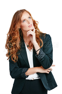 Buy stock photo Corporate, business and woman thinking, decision and girl isolated on white studio background. Female employee, entrepreneur and leader with idea, focus and concentration with wonder and thoughts