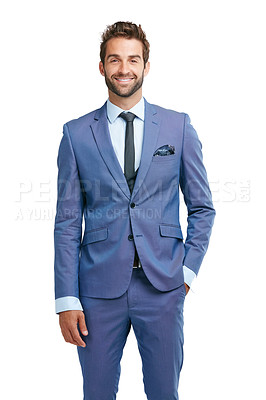 Buy stock photo Studio shot of a handsome businessman posing against a white background
