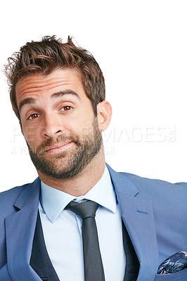 Buy stock photo Studio shot of a handsome businessman looking complacent against a white background
