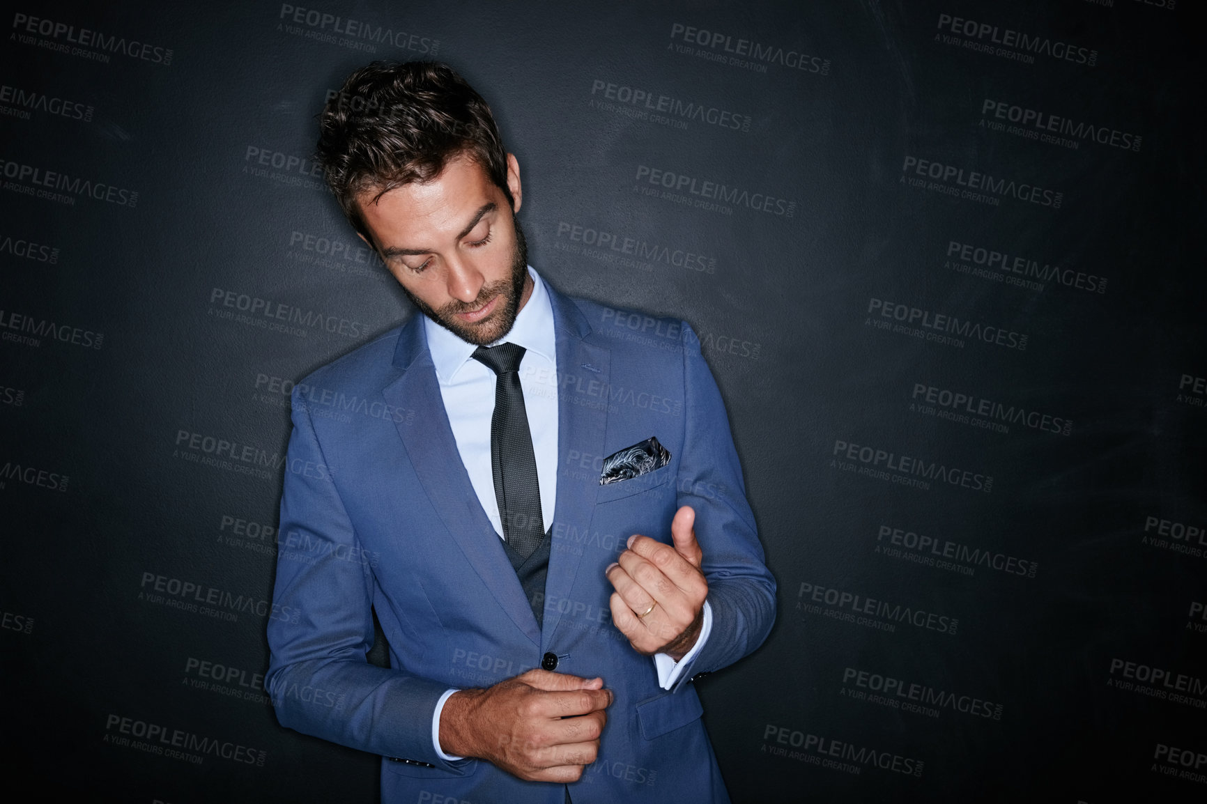 Buy stock photo Business, man and confident for fashion in studio with stylish suit, professional attire and lawyer. Male person, consultant and mockup space with elegant clothes, attorney outfit and dark background