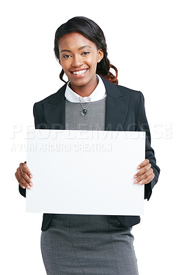 Buy stock photo Black woman, business poster and space mockup for advertising logo, brand and promotion in studio. Happy female with banner or billboard isolated on a white background for marketing branding sign