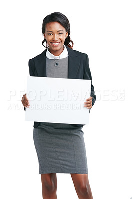 Buy stock photo Business, blank sign and portrait of black woman with smile and mockup isolated on white background. Marketing, advertising and woman with poster for product placement or news announcement in studio.