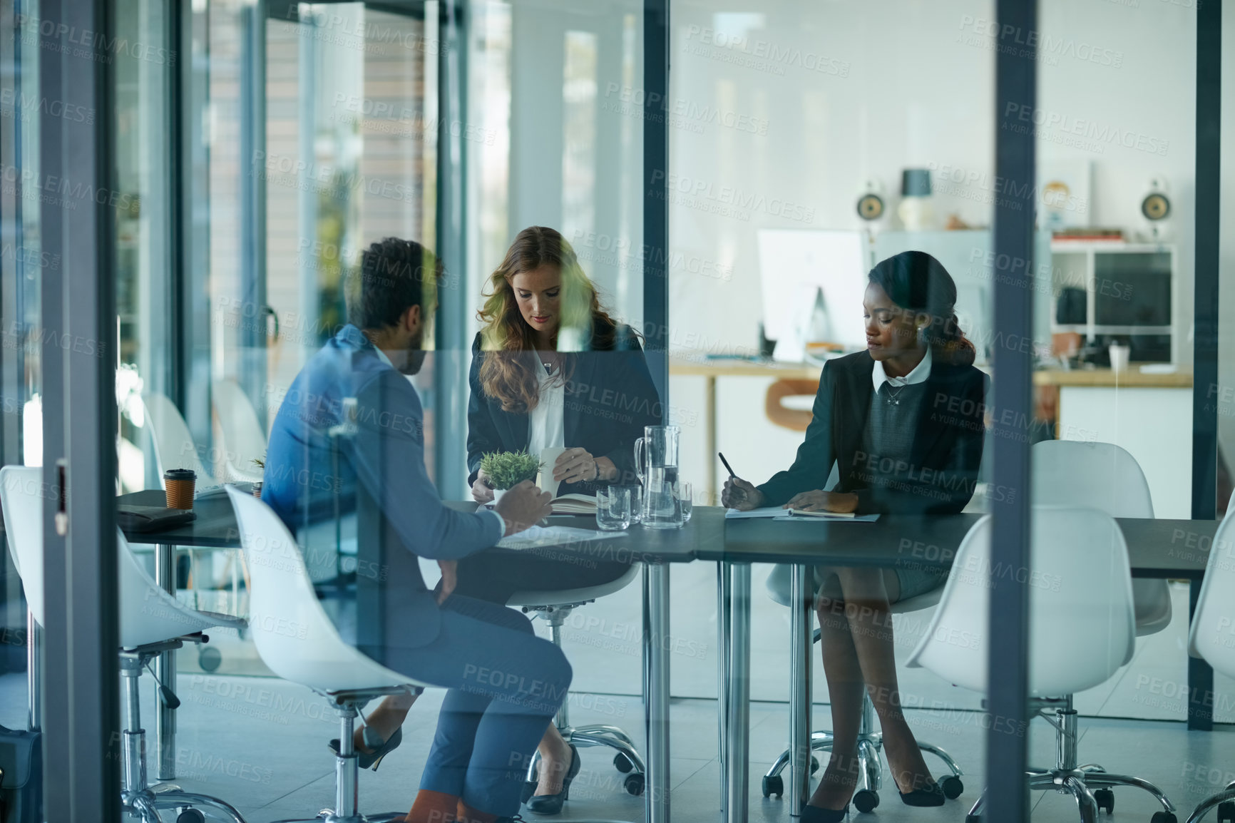 Buy stock photo Business people, documents and discussion with team at office with review for case at corporate law firm. Group, lawyer and staff with planning, insight or collaboration for strategy at legal agency