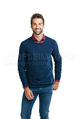 Buy stock photo Portrait, fashion and mockup with a man model in studio isolated on a white background for a logo or branding. Style, casual and mock up with a handsome young male posing on bank space for a brand