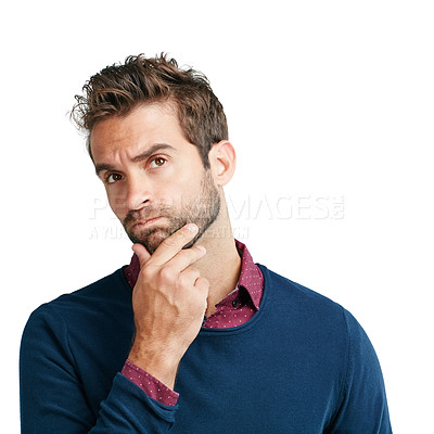 Buy stock photo Thinking, portrait and businessman in studio for creative, vision and strategy on white background. Face, planning and young, handsome man with motivation for startup, business idea and isolated