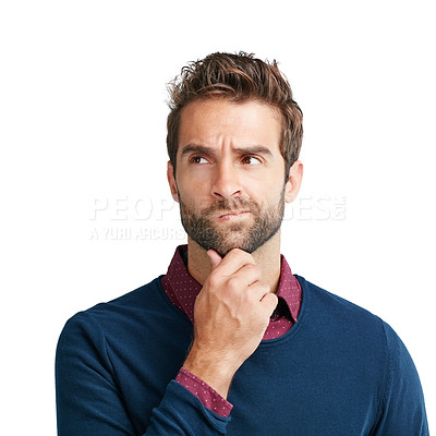 Buy stock photo Confused, puzzled and thinking businessman with choice, option or decision with career problem. Young corporate worker with dilemma expression on face with isolated studio white background.