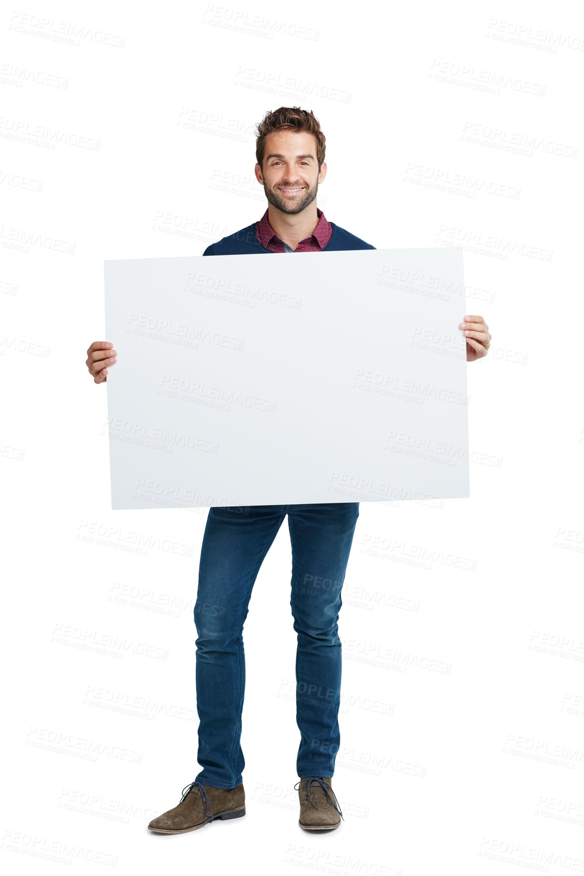 Buy stock photo Portrait, poster or business man with blank mock up marketing space for advertising or branding poster in studio. Happy, smile or model with banner, billboard news or logo flyer in white background