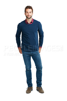 Buy stock photo Man, casual fashion and portrait of a model standing with cool look and smile. White background, isolated and person in a studio with mock up space alone looking positive and relax with style