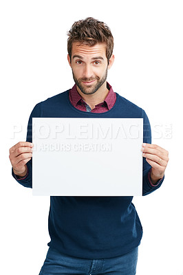 Buy stock photo Branding, sign and portrait of a businessman with paper isolated on a white background. Marketing, work and young employee with a mockup space poster advertising a brand on a studio background