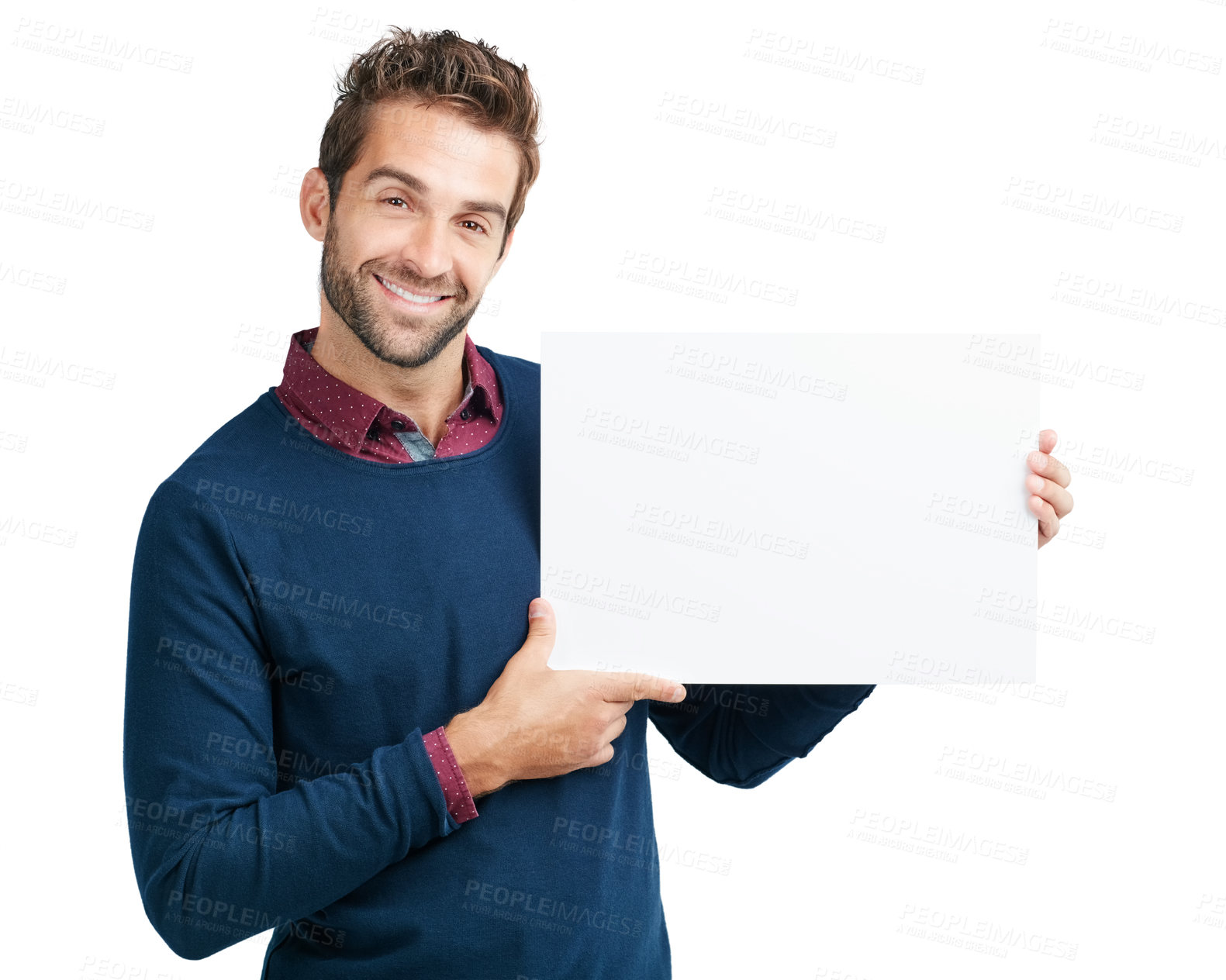Buy stock photo Portrait, blank board or business man with mockup space for product advertising, marketing or branding poster in studio. Model, smile or male with news banner, billboard or logo in white background