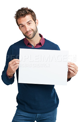 Buy stock photo Portrait, marketing poster or business man with mockup space for product, advertising or branding poster in studio. Model, smile or businessman with banner, billboard news or logo in white background