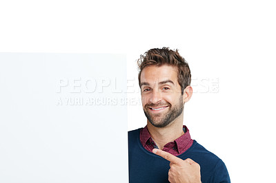 Buy stock photo Studio portrait, pointing and business man poster for marketing, advertising or promotion space. Model, hand sign and show mockup for product placement, brand or idea isolated on white background