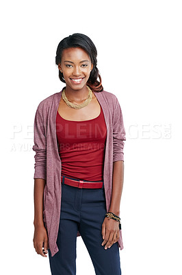 Buy stock photo Black woman, portrait or fashion clothes on promotion mockup, isolated marketing space or advertising mock up. Smile, happy model and trendy, cool or stylish brand clothing on white background mockup