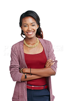 Buy stock photo Black woman, portrait and arms crossed on promotion mockup, isolated marketing space or advertising mock up. Smile, happy and model in trendy, cool or stylish brand clothes on white background mockup