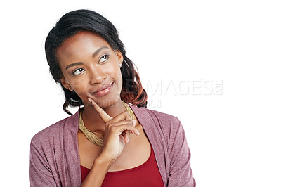 Buy stock photo Black woman, face and thinking finger on isolated marketing space, promotion mockup and advertising mock up. Smile, happy model and student with ideas, vision or innovation on white background mockup