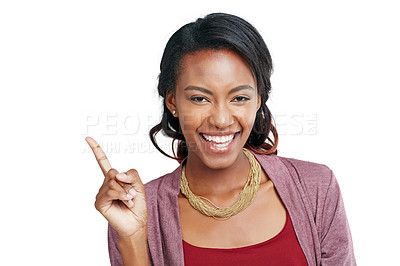 Buy stock photo Black woman, portrait or thinking finger on isolated marketing space, promotion mockup or advertising mock up. Smile, happy model or student and ideas, vision or innovation on white background mockup