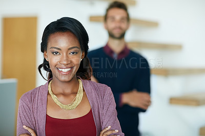 Buy stock photo Portrait of two creative businesspeople standing in their office