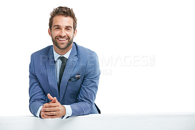 Buy stock photo Businessman, table and sitting with smile for recruiting or hiring against a white studio background. Portrait of isolated employee man smiling for recruit, hire or advertisement on white mockup