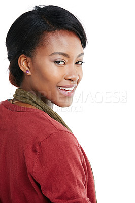 Buy stock photo Black woman, portrait or face on isolated white background, promotion mockup or marketing studio space. Smile, happy or fashion model and makeup cosmetics, facial skin product or advertising mock up