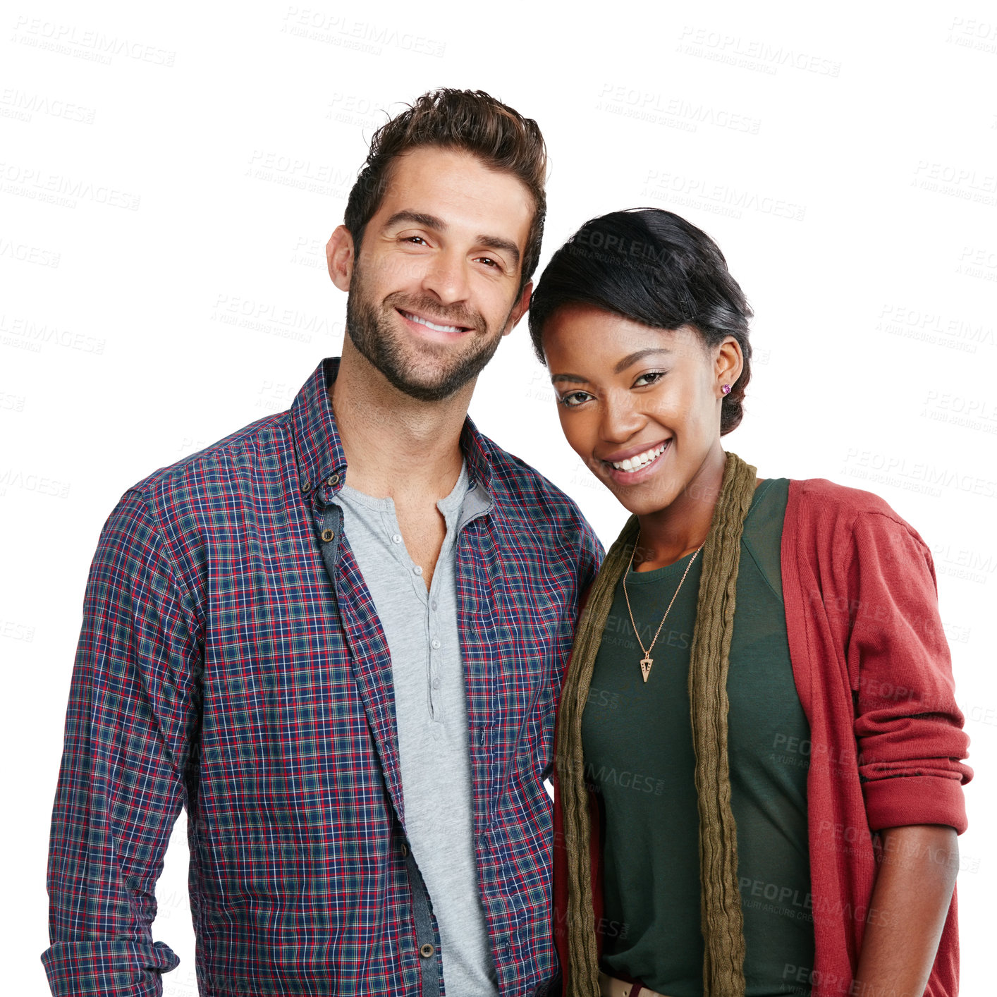 Buy stock photo Portrait, diversity and mockup with a couple in studio isolated on a white background for product branding. Marketing, love or advertising with a man and woman posing on blank space for a logo