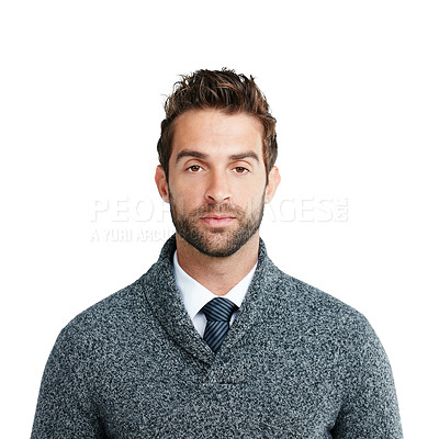 Buy stock photo Businessman, focus portrait and leader success for goals management and corporate vision in studio background. Entrepreneur manager, serious face and leadership motivation or target growth mindset