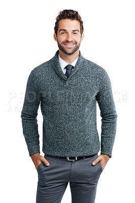 Buy stock photo Businessman, smile and standing with hands in pocket against a white studio background. Portrait of happy isolated man model smiling in happiness for vision, ambition or profile on white background