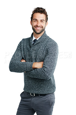 Buy stock photo Business man, happy portrait and smile for motivation for leadership and corporate success in studio. Male model with arms crossed isolated on a white background with vision, pride and power