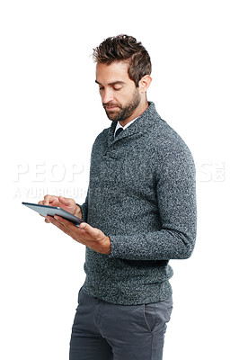 Buy stock photo Serious, business man on tablet for research, social media content or networking in white background. Tech, data or manager isolated on touchscreen for social network, blog review or media app
