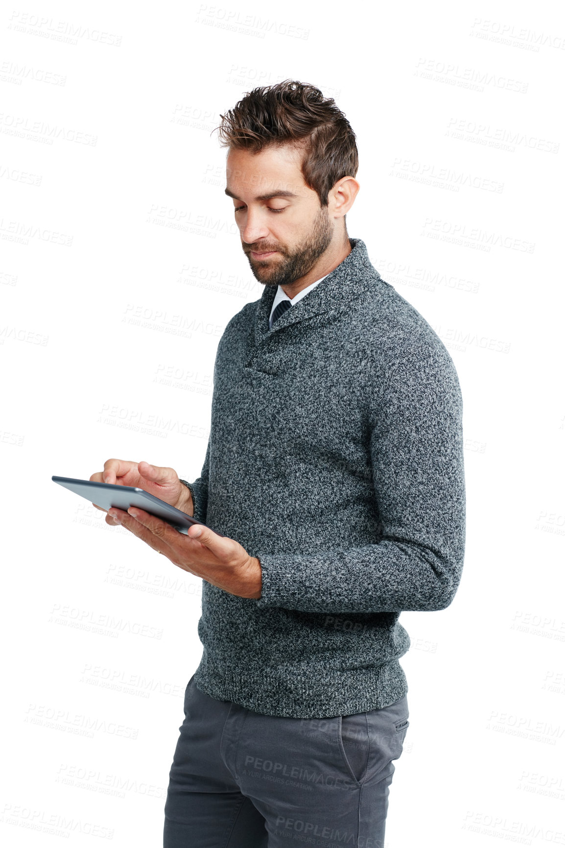 Buy stock photo Serious, business man on tablet for research, social media content or networking in white background. Tech, data or manager isolated on touchscreen for social network, blog review or media app