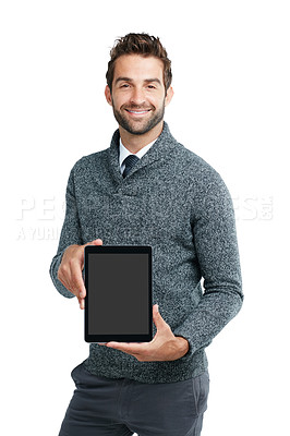 Buy stock photo Portrait, screen or business man with tablet for mockup space board, advertising or networking in studio. Model, smile or businessman with tech for communication, social media or blog content review
