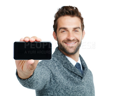 Buy stock photo Happy, portrait or business man with phone screen for internet research, social media or networking in white background. Tech and male on smartphone for social network, blog review or media app
