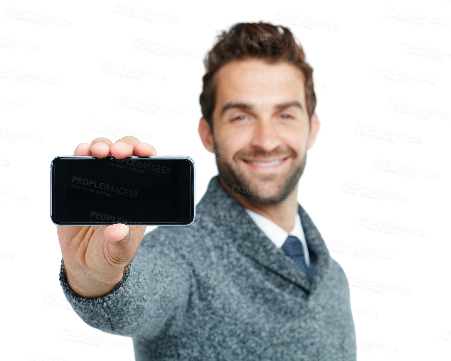 Buy stock photo Happy, portrait or business man with phone screen for internet research, social media or networking in white background. Tech and male on smartphone for social network, blog review or media app
