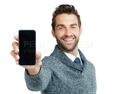 Buy stock photo Smile, portrait or business man with phone screen for internet research, social media or networking in white background. Tech or manager on smartphone for social network, blog review or media app 

