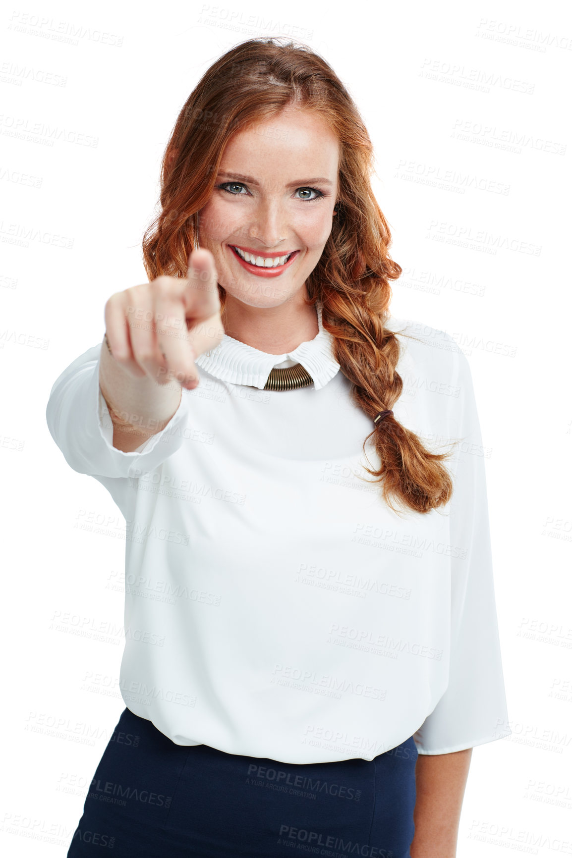 Buy stock photo Happy, portrait and woman pointing her finger in a studio with a stylish, edgy and classy outfit. Happiness, smile and female model point for direction or sign language isolated by a white background